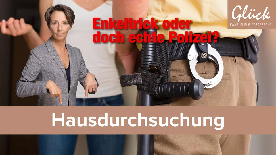 Hausdurchsuchung mit Polizeibeamten vor Wohnungstür symbolisch dargestellt