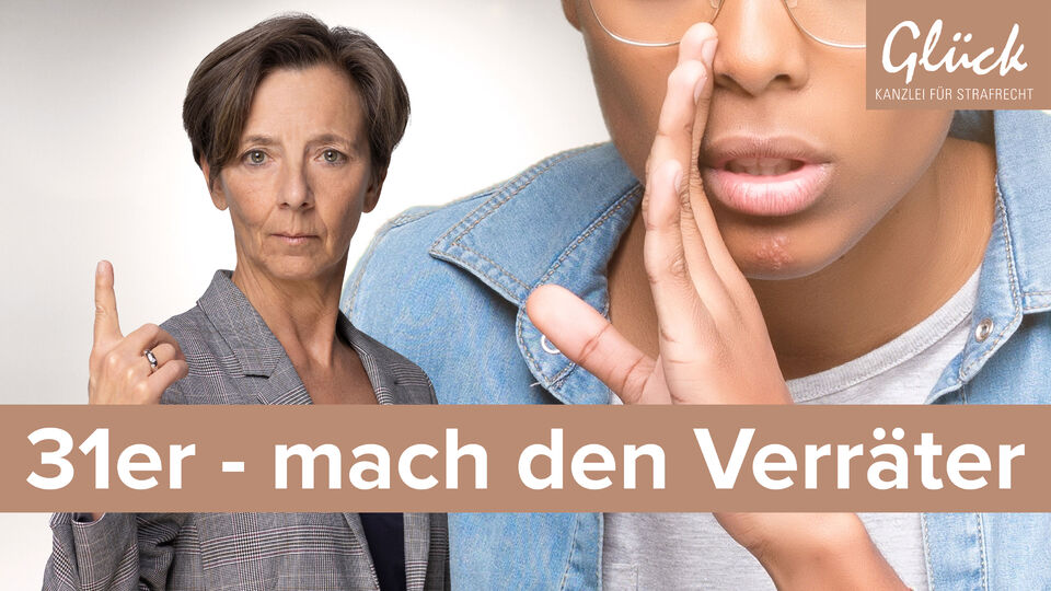 Kronzeugenregelung nach § 31 BtMG angedeutet durch flüsternde Person